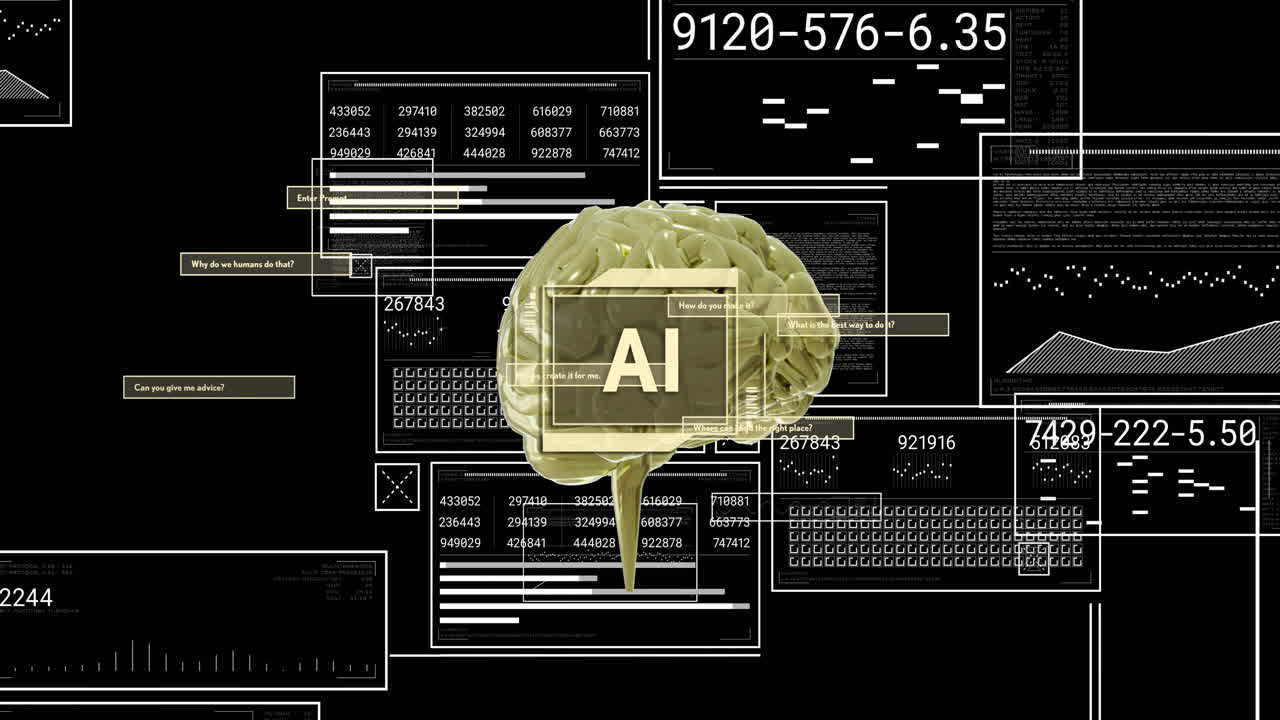 검은색 배경 위에서 문자, 뇌 및 데이터 처리의 애니메이션
