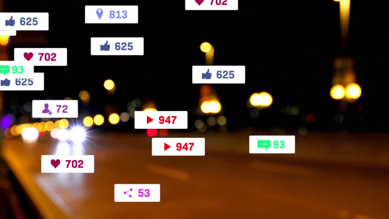 소셜 미디어 아이콘과 숫자의 애니메이션이 초점을 맞추지 않는 교통 신호등