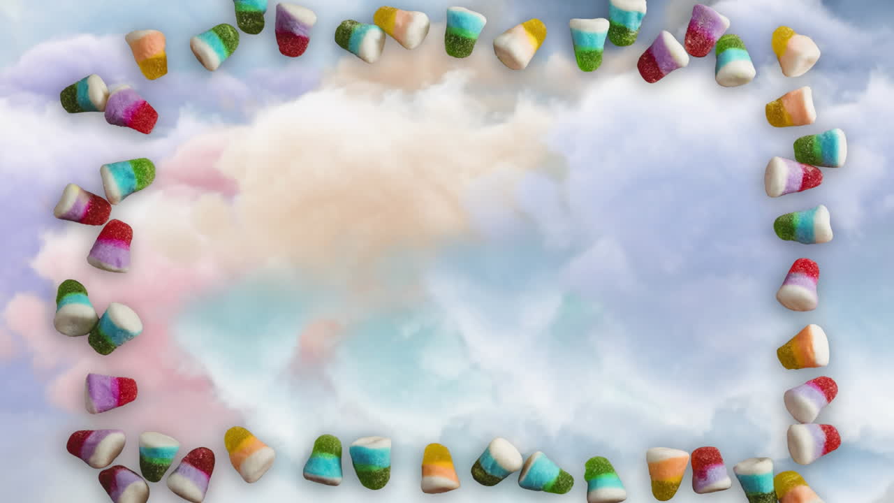 animación de jelly beans marco sobre el cielo nublado
