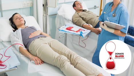 animation of donate blood text with blood hourglass logo, over female nurse with donors