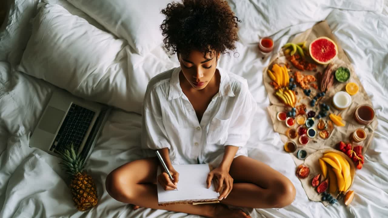 Una mattinata tranquilla: una donna vestita di bianco è seduta a gambe incrociate su una soffice biancheria da letto, scrive sul suo diario circondata da un'abbondanza di frutta fresca e da un'atmosfera accogliente