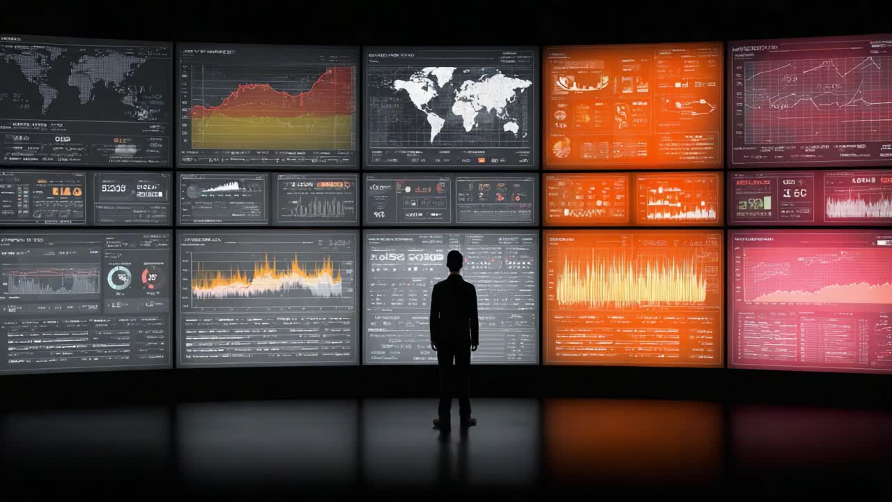 Una persona che osserva e interpreta molteplici visualizzazioni di dati su schermi di grandi dimensioni, visualizzando analisi complesse e tendenze in un ambiente tecnologico