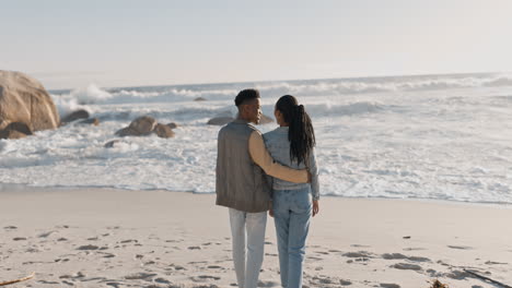 black couple, walking and beach with back