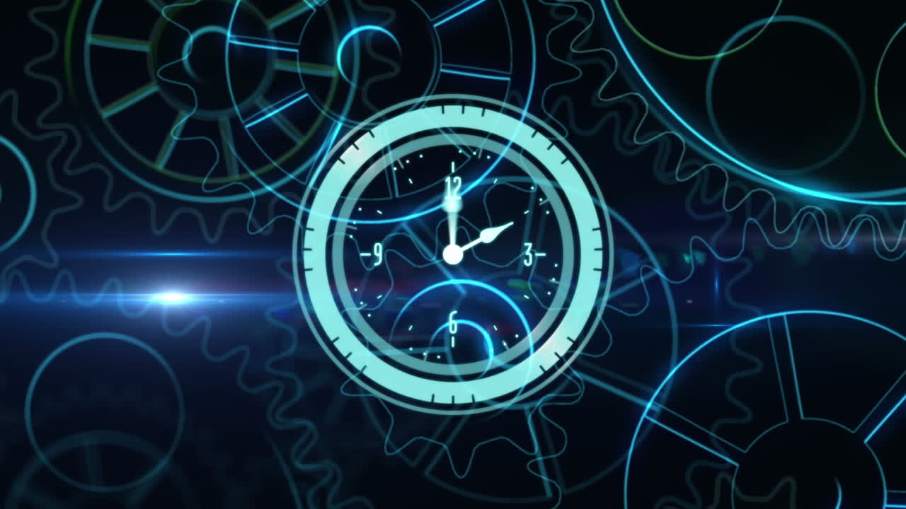 Animation of neon ticking clock and blue light spot over spinning gear icons on black background
