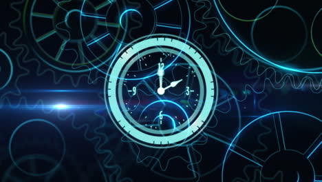 animación de reloj de neón y punto de luz azul sobre iconos de engranajes giratorios en fondo negro