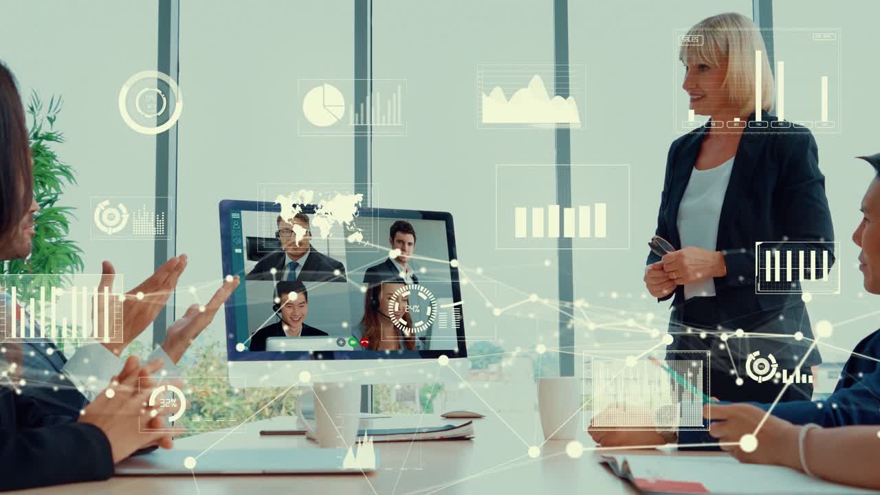 visual criativo de pessoas de negócios em uma reunião de pessoal corporativo em videoconferência