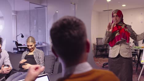 muslim woman in a modern open space coworking office giving a presentation to team. middle eastern arab businesswoman in creative startup office. disabled businessman in a wheelchair on team meeting