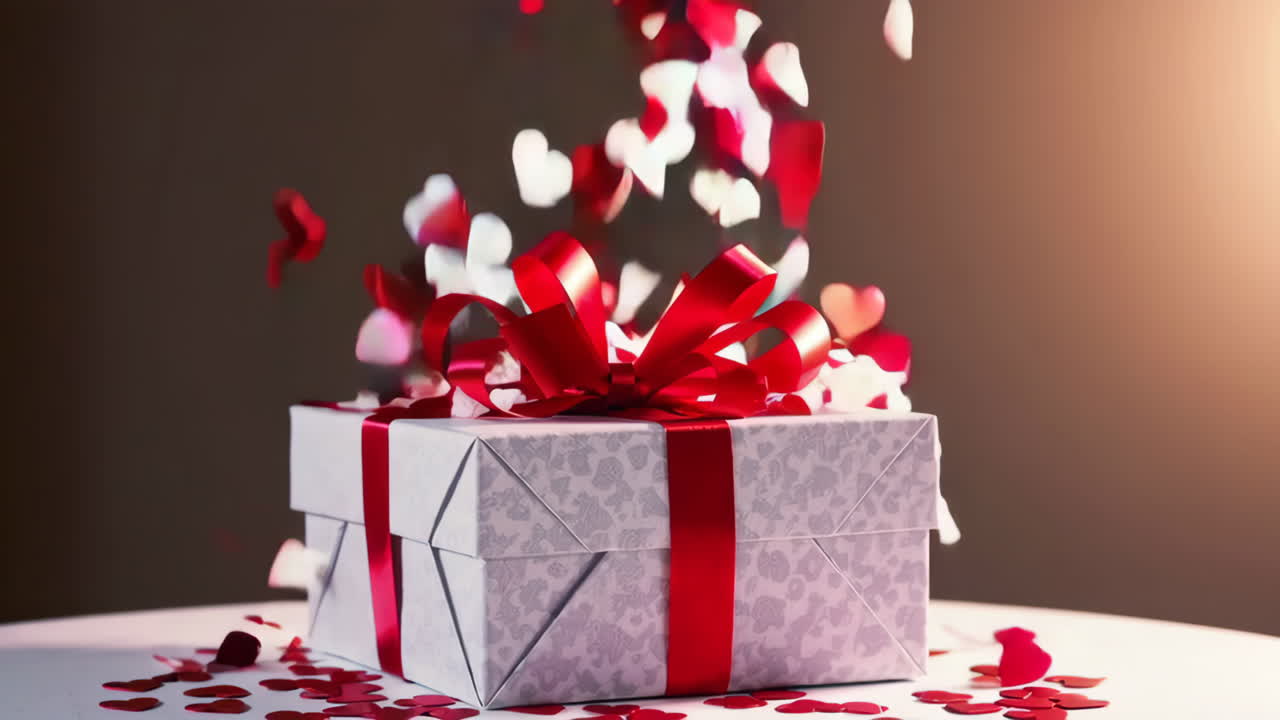 Gift Box with Falling Red and White Hearts