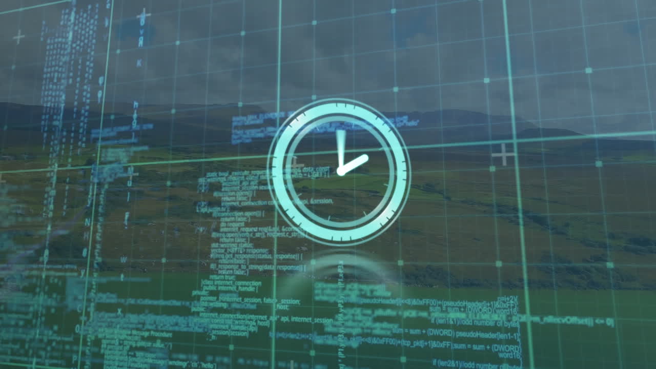 animación de reloj en movimiento y procesamiento de datos sobre el paisaje