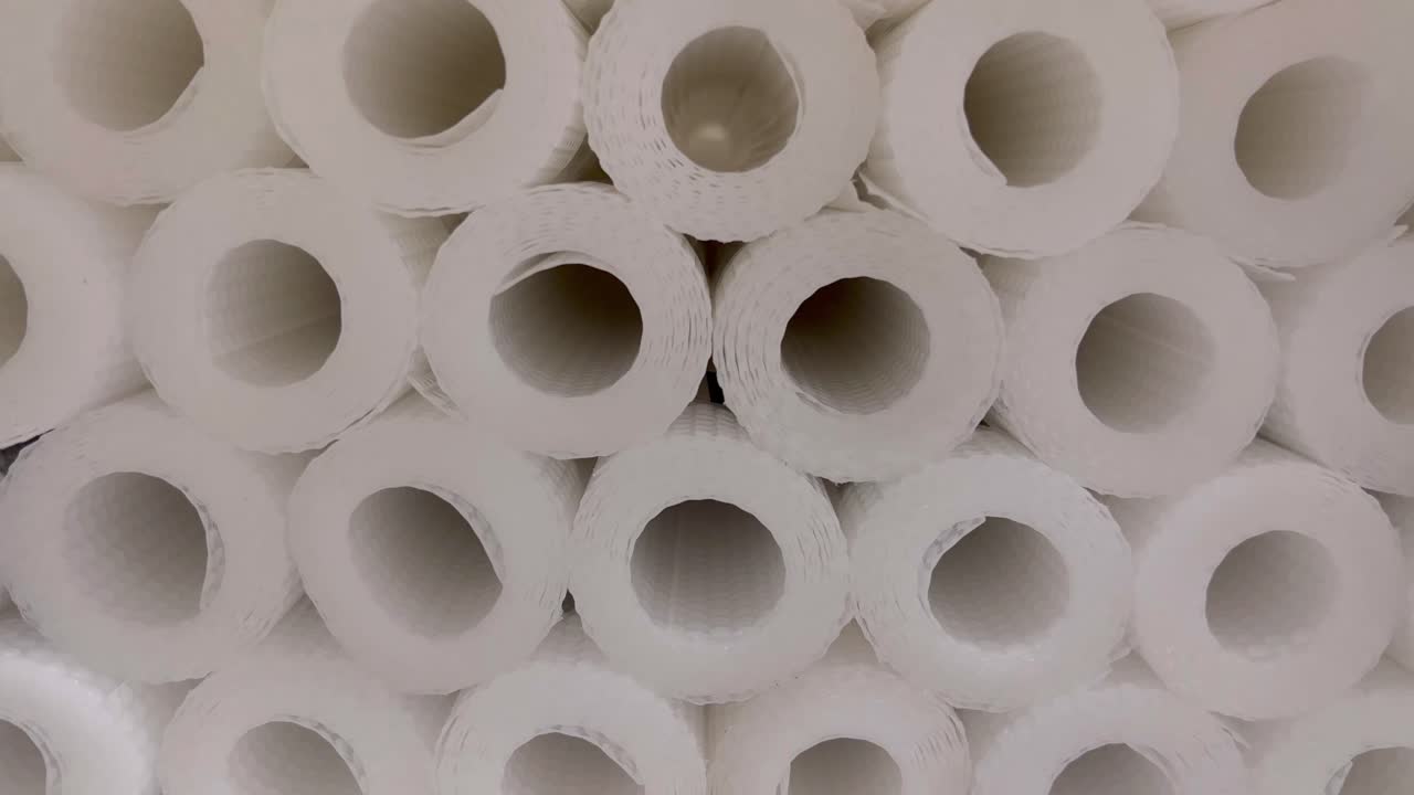 쇼핑몰에서 흰색 천 두루마리가 판매를 위해 쌓여 있었습니다.