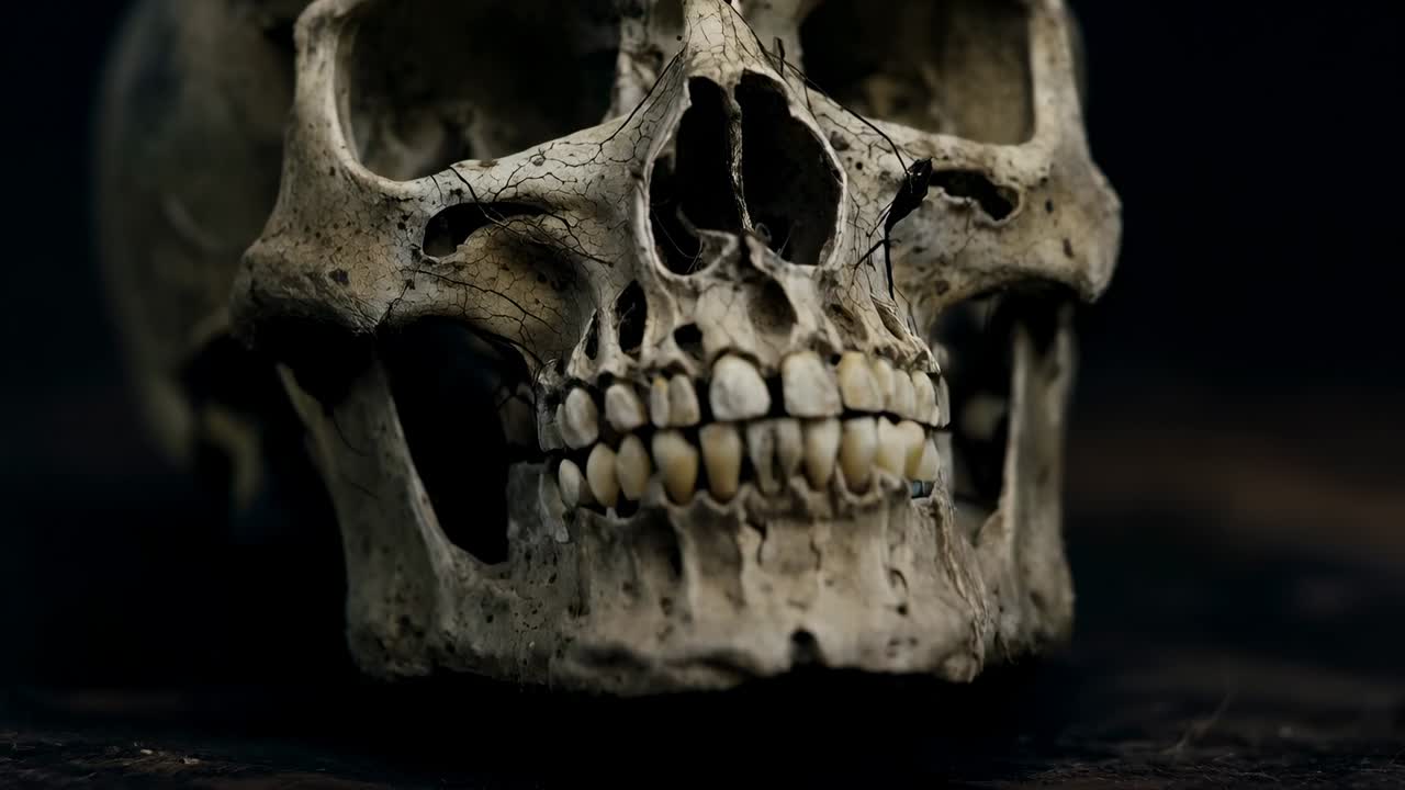 Frame shift che causa l'apertura e la chiusura della mandibola di un teschio umano usurato su base scura con filamento