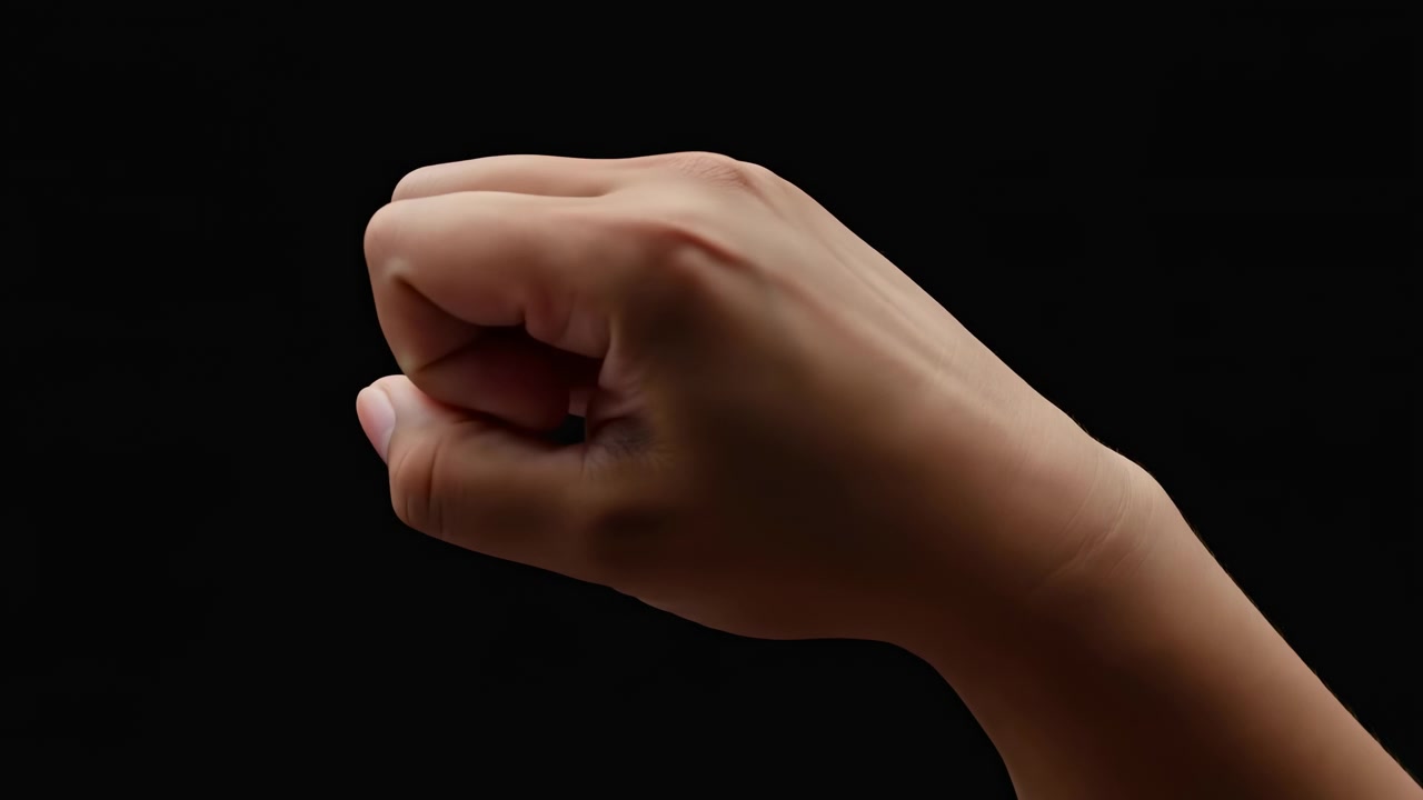 Studio Closeup Hand Forming Fist, Sequential Movement From Open Reach To Clenched Fist, Highdetail Skin
