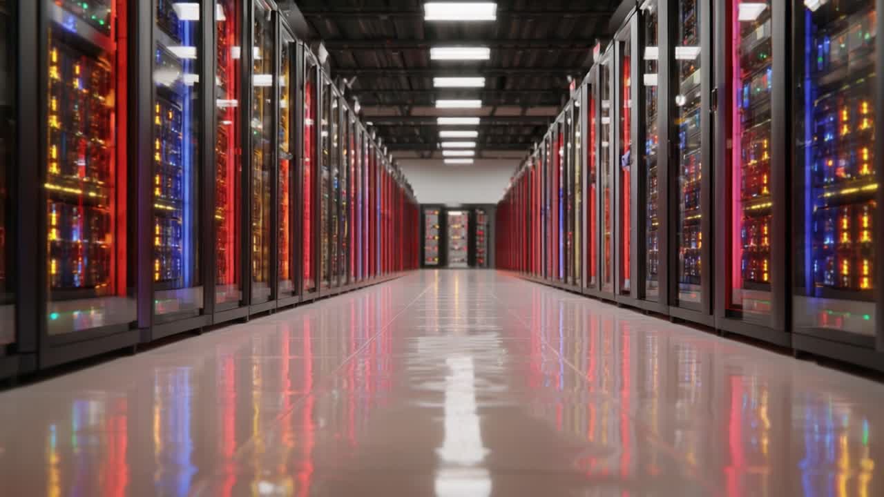 Exploring the Technological Marvel: A View Inside a Futuristic Data Center Filled with Colorful Servers and Reflective Floors, Showcasing the Future of Digital Infrastructure