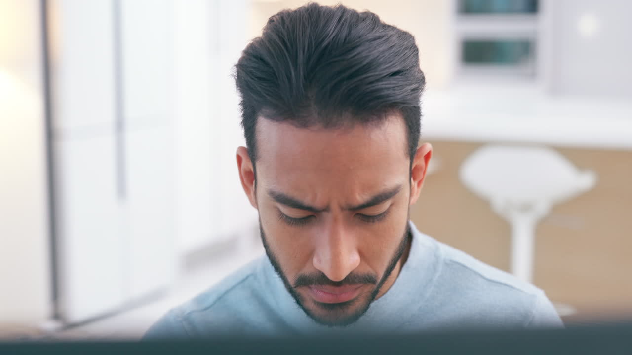 Computer, remote work and confused man in home