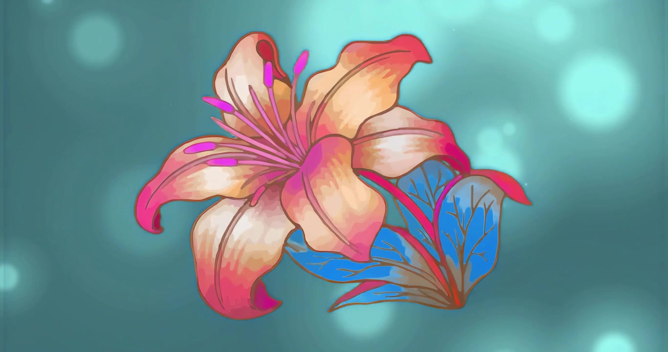 Ciclo iniziale di un fiore di pesco piatto che rimane centrato mentre sfere bokeh svaniscono e fluttuano, mostrando un bagliore vivido