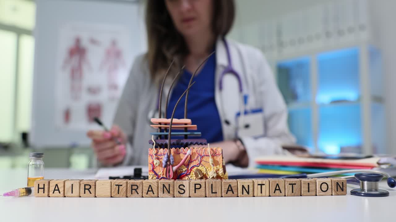 Blocchi di legno formano la scritta "trapianto di capelli" vicino a un modello di pelle del cuoio capelluto.