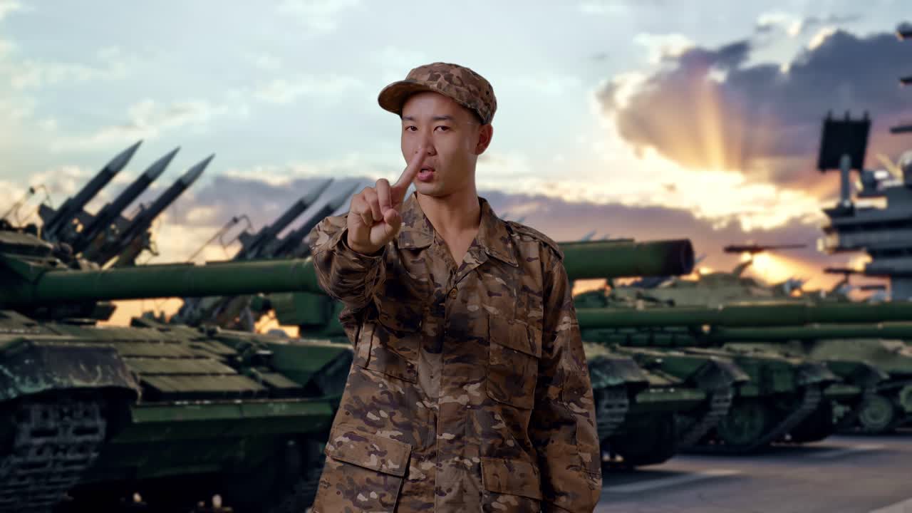 Soldato asiatico che ti indica e disapprova senza segno dell'indice con carro armato