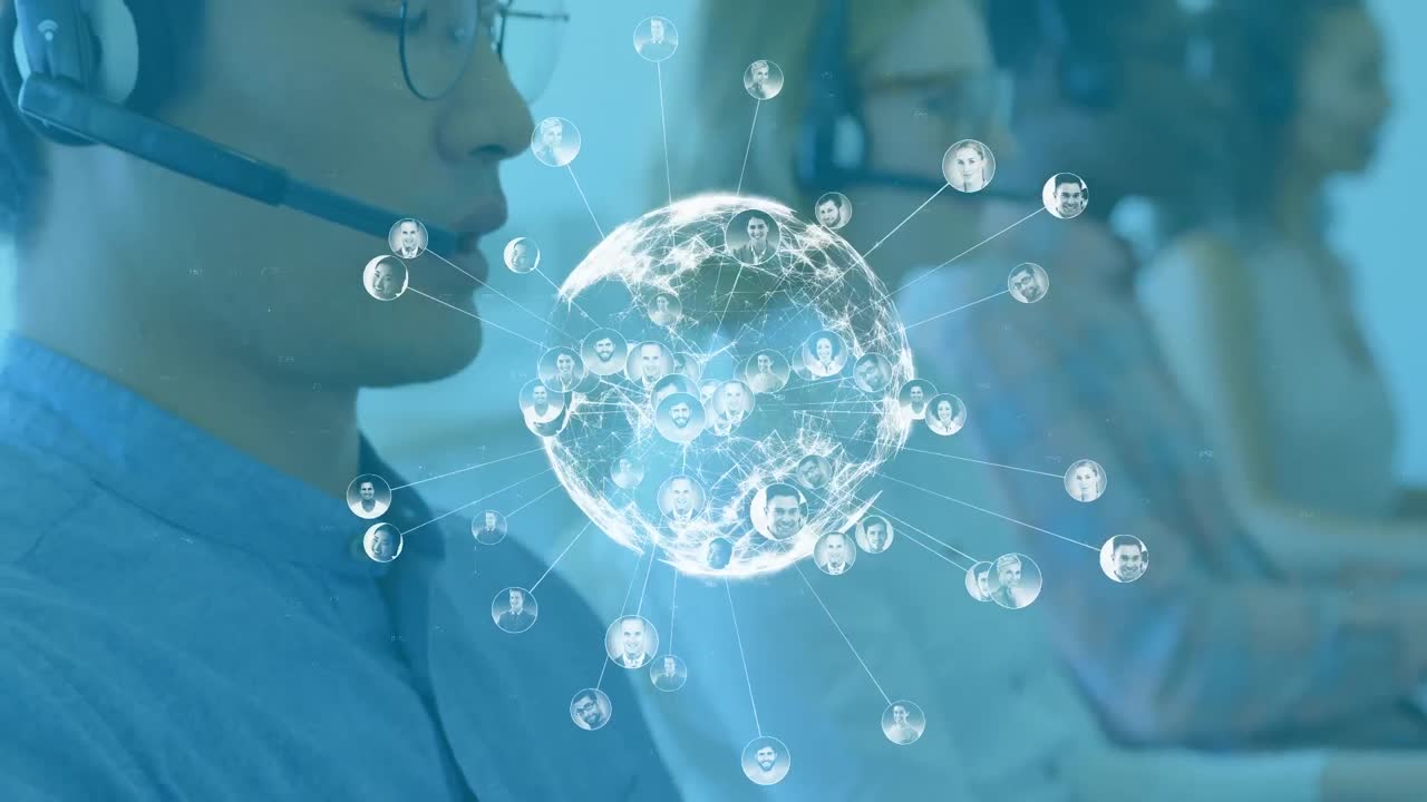 Animation of globe network of people's photos over diverse business people using phone headsets