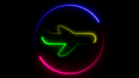 animación de luz. neon rosa y púrpura, señal parpadeante y brillante, contornos de un plano multicolor en un círculo, sobre un fondo negro