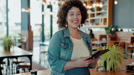 Happy,-tablet-and-startup-with-black-woman-in-cafe