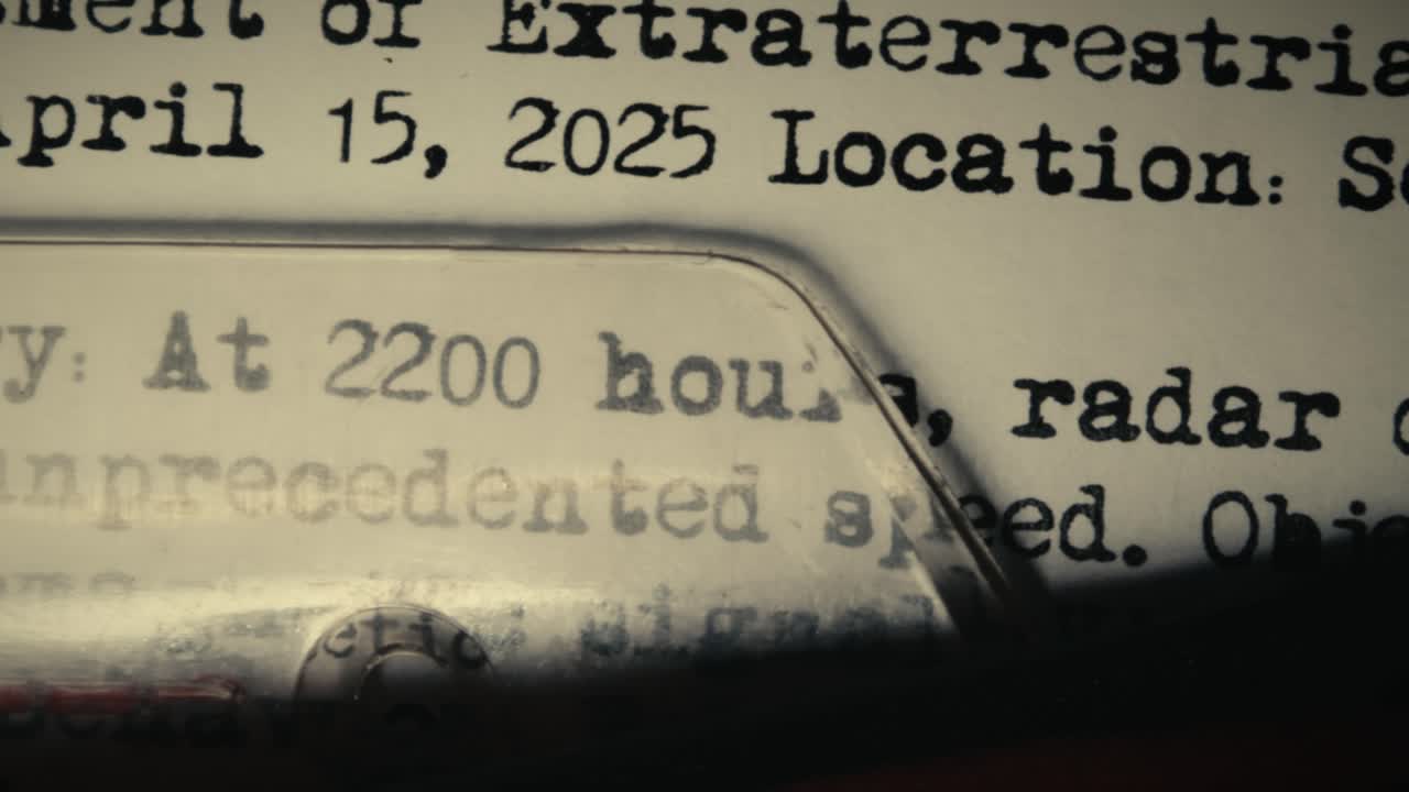 Slide Shot Over UFO Report Typed on Retro Typewriter in Low Light CLOSE-UP