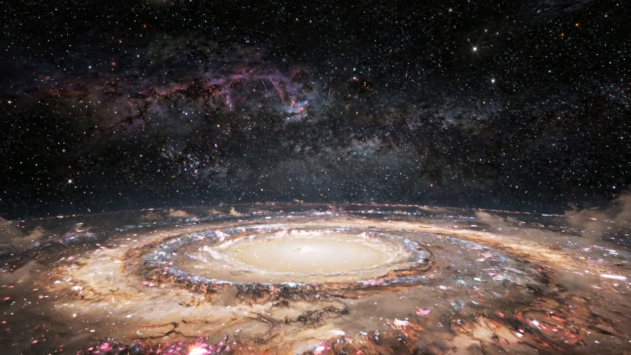 Dramatic cosmic scene with a bright spiral galaxy, dense stars, nebula details and vast interstellar space background