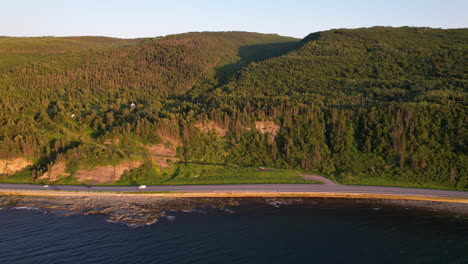 Aerial view of a coastal road at sunset in Gasp&eacute;sie Qu&eacute;bec