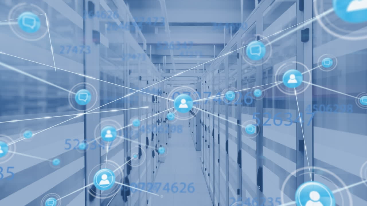 컴퓨터 서버를 통해 사람 아이콘과의 연결 네트워크의 애니메이션