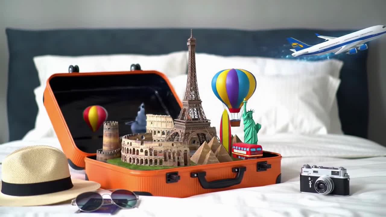 Mala Laranja Aberta em uma Cama com Itens Essenciais de Viagem