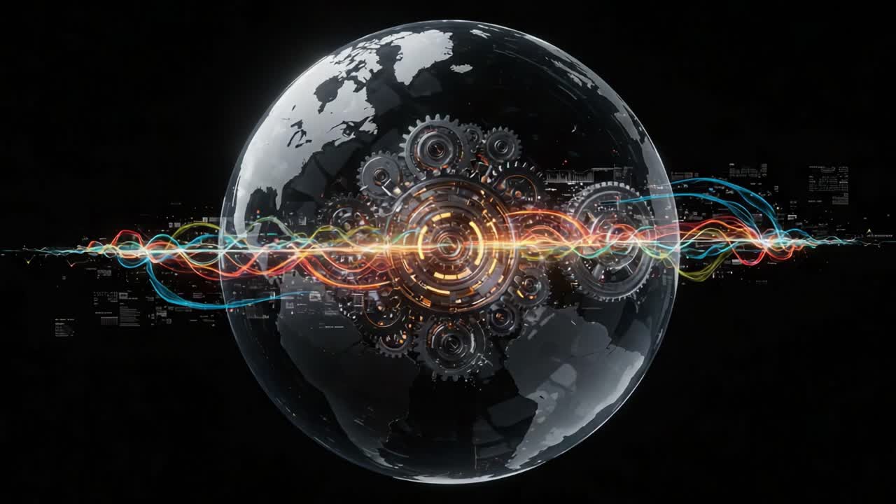 Una straordinaria rappresentazione visiva della connettività globale e dell'integrazione tecnologica con ingranaggi e onde vibranti che circondano la Terra, che illustra l'interconnessione dei sistemi