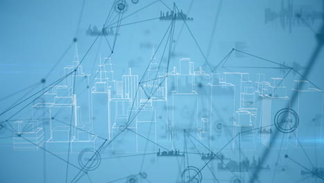 animación de la red de conexiones y procesamiento de datos sobre la ciudad sobre fondo azul