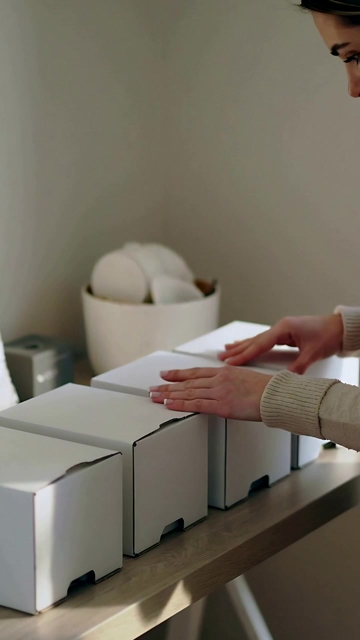 Vertical video: Placing three boxes, woman in sweater smoothing flaps on table to pack, copy space