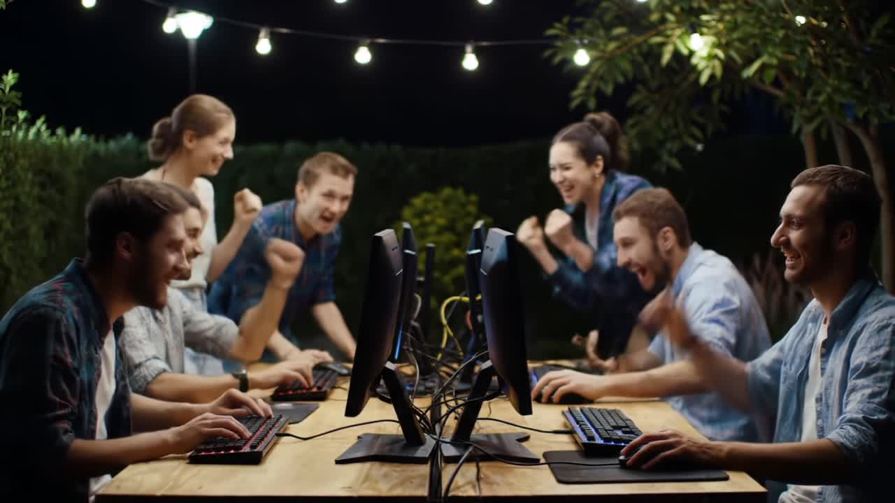 A Thrilling Gaming Night: Friends Gathered for an Exciting Computer Game Competition Under Twinkling Lights, Celebrating Victory and Team Spirit Together