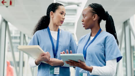 teamwork, women and nurses with tablet in hospital