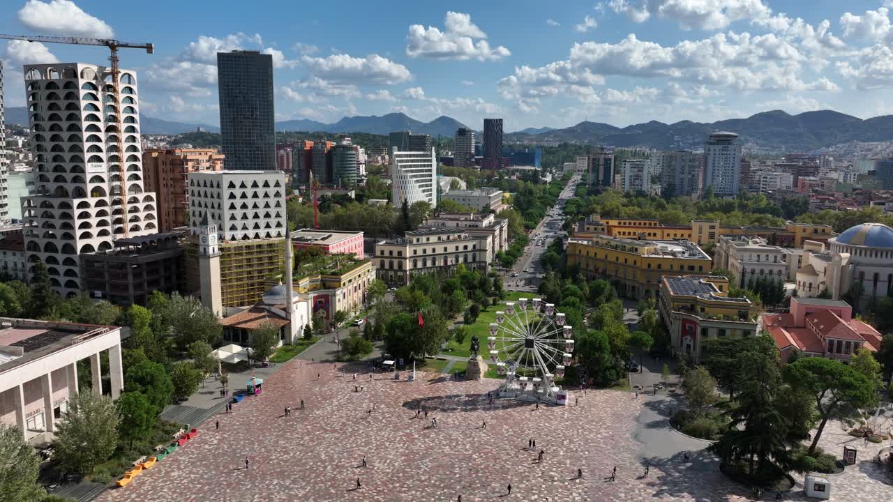 Skanderbeg square in tirana on a sunny day with clear skies, aerial view