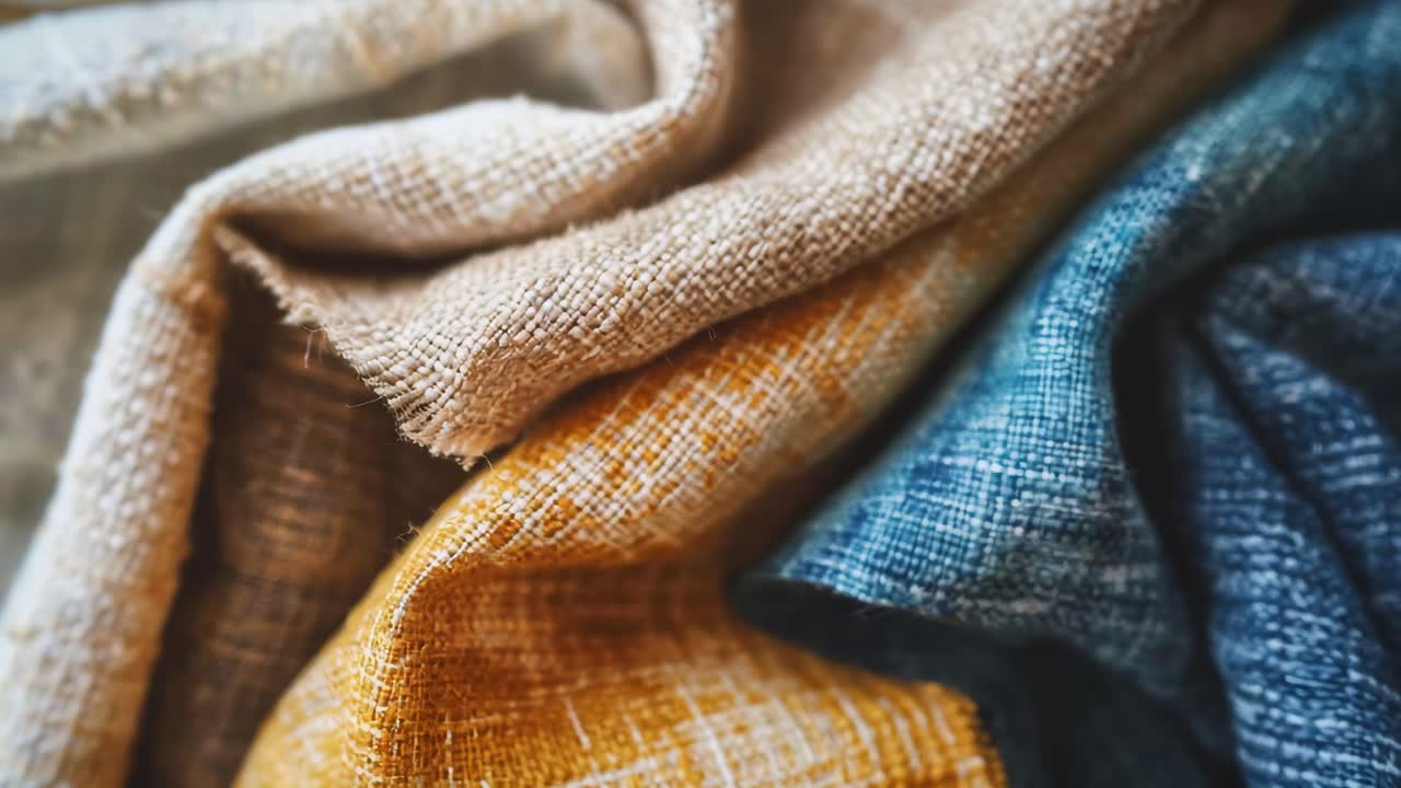 Close up view of folded fabrics in various colors and textures