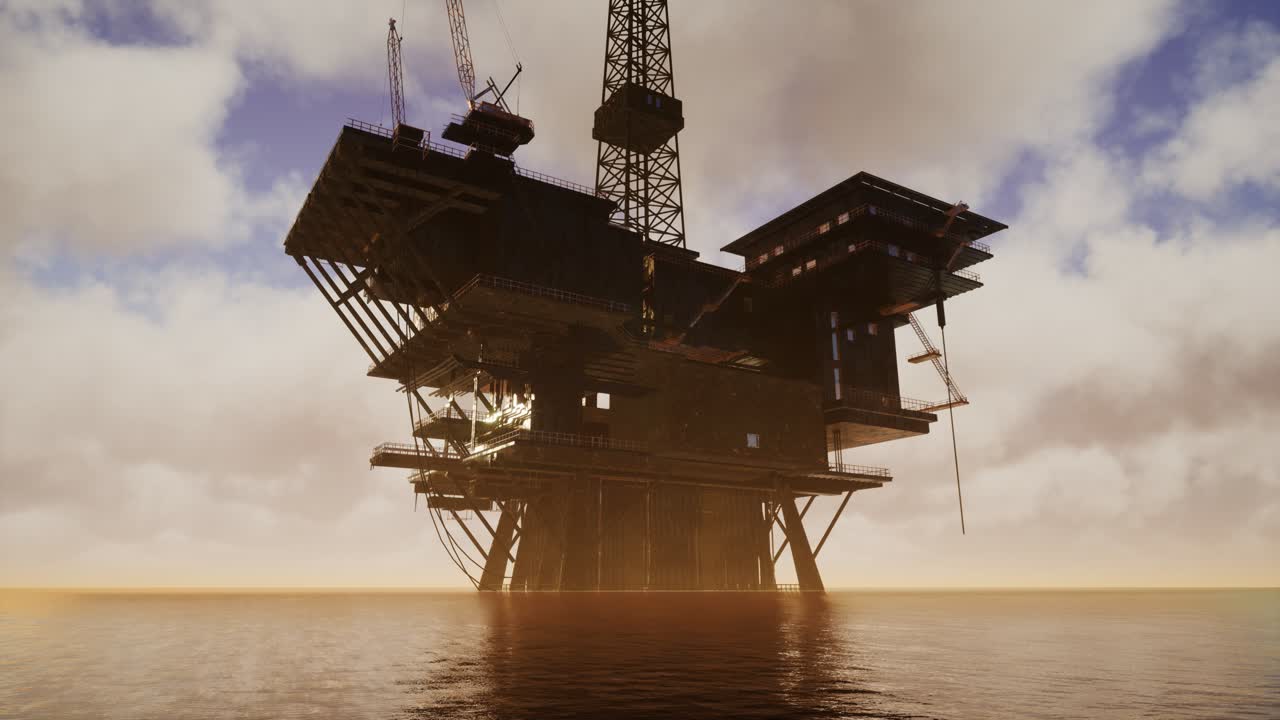 plataforma de elevación en alta mar en el medio del mar a la hora de la puesta del sol