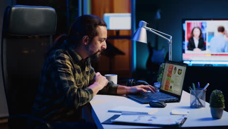 man concerned about statistical data financial graphs on laptop screen