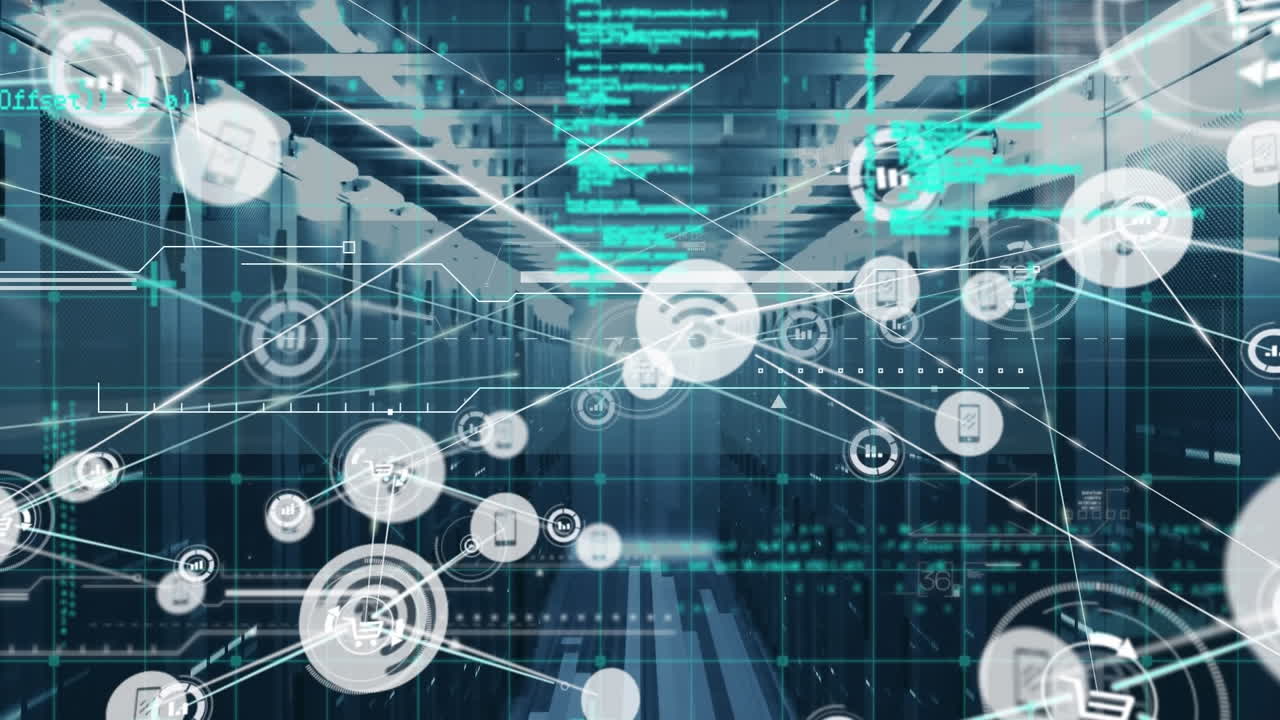Animation of network of connections with icons and data processing over server room