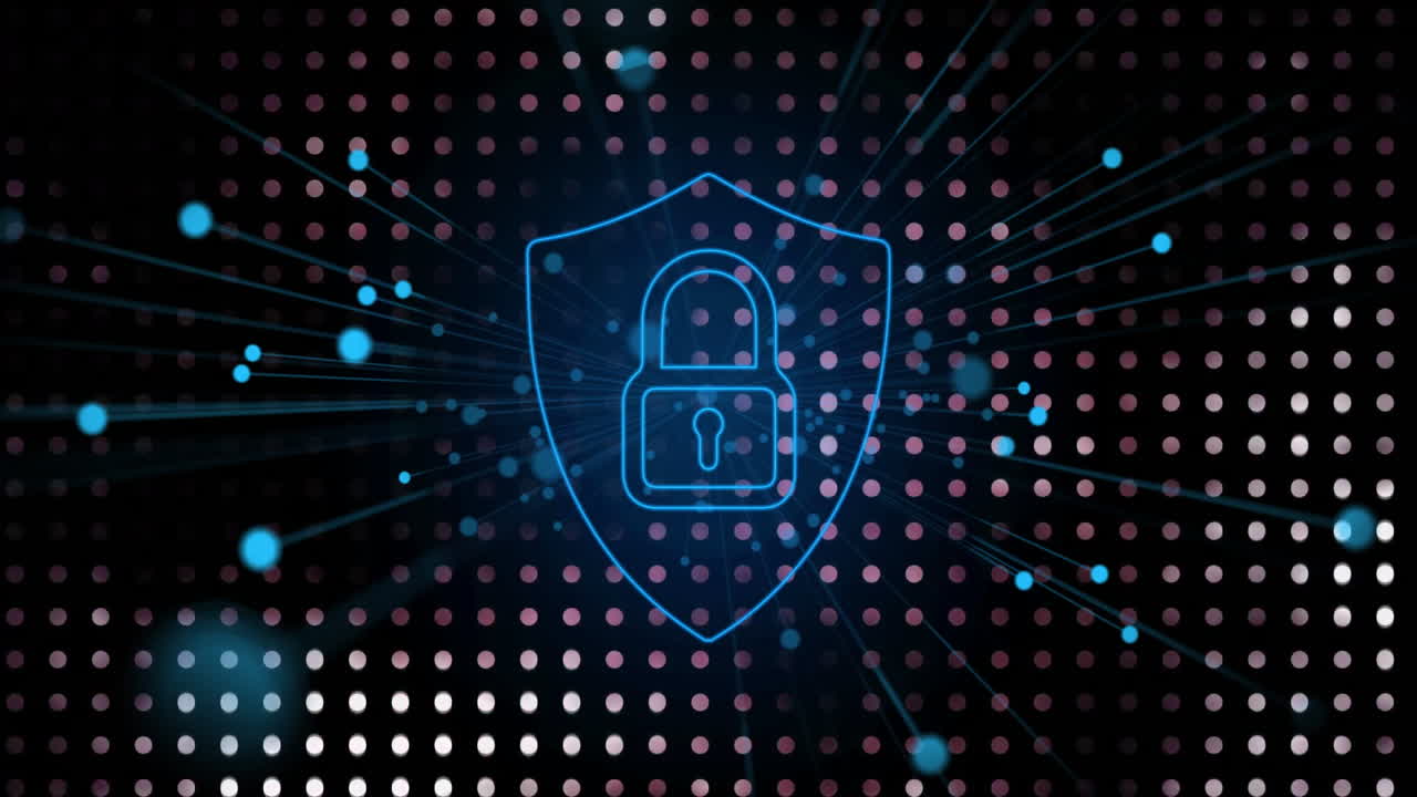 Animation of digital lock and shield icon over network of glowing dots
