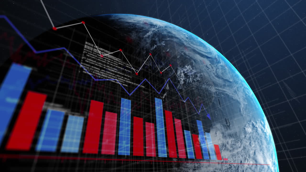 Animation of statistical data processing over globe against blue background