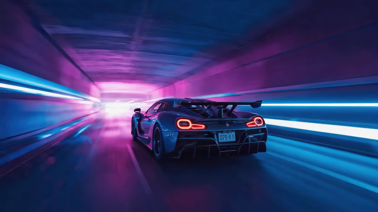Futuristic Sports Car Speeding Through a Neon Lit Tunnel