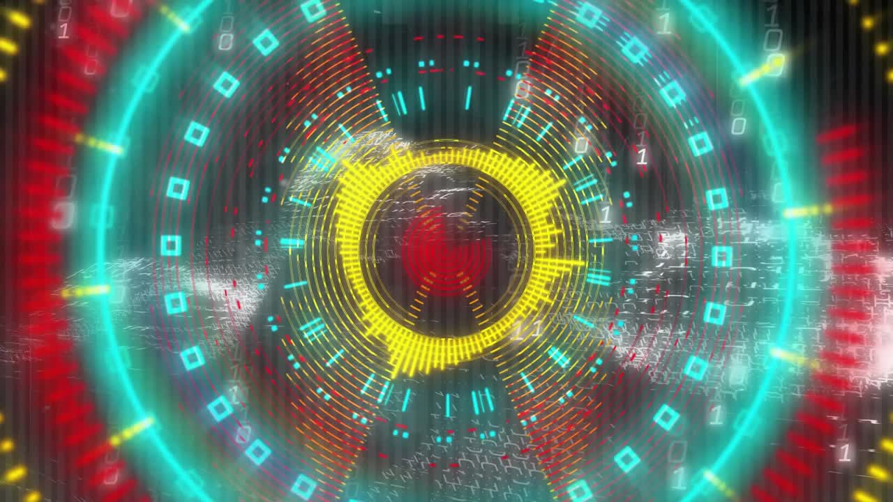 Opening interface showing binary digits and rings rotating, pulsing and contracting for data scan