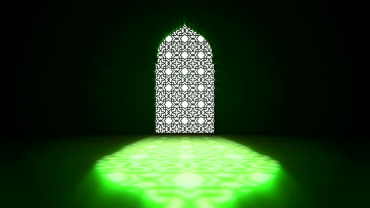 ventana o puerta de la mezquita interior islámica con un haz de luz de rayo entrando en el interior. ramadan kareem fondo de movimiento islámico. animación 3d.
