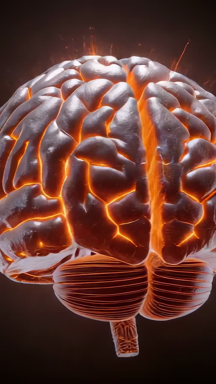 Vertical video: Playing 3D brain turning tracing orange grooves and sparks in studio showing activ