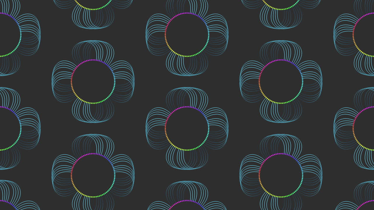 Spiraling monochrome pattern with colorful overlapping circles