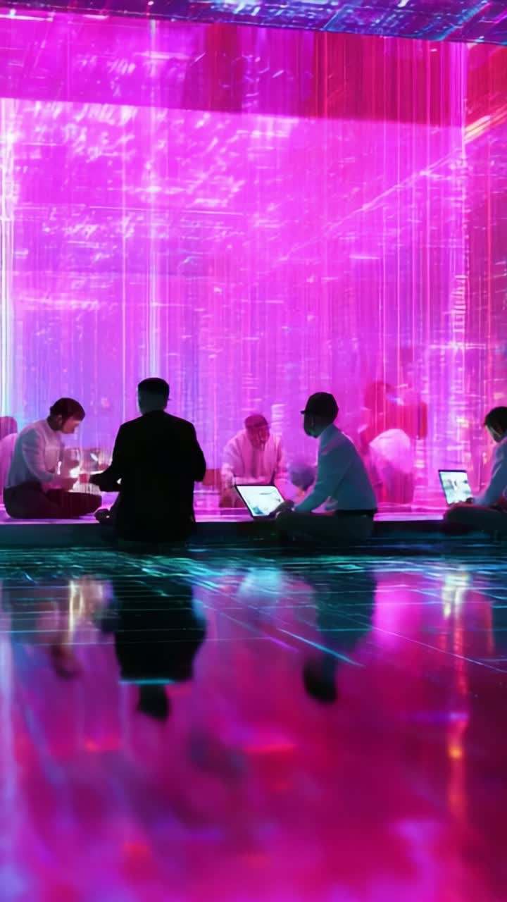 A Group of Professionals Engaged in Digital Collaboration in a High-Tech Environment with Vibrant Pink Light Reflection on the Floor