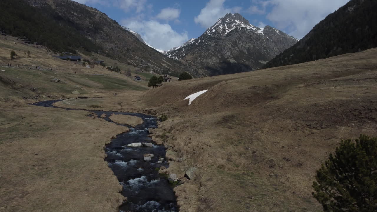 Beautiful natural valley with sun scorched grass and snowy mountain tops