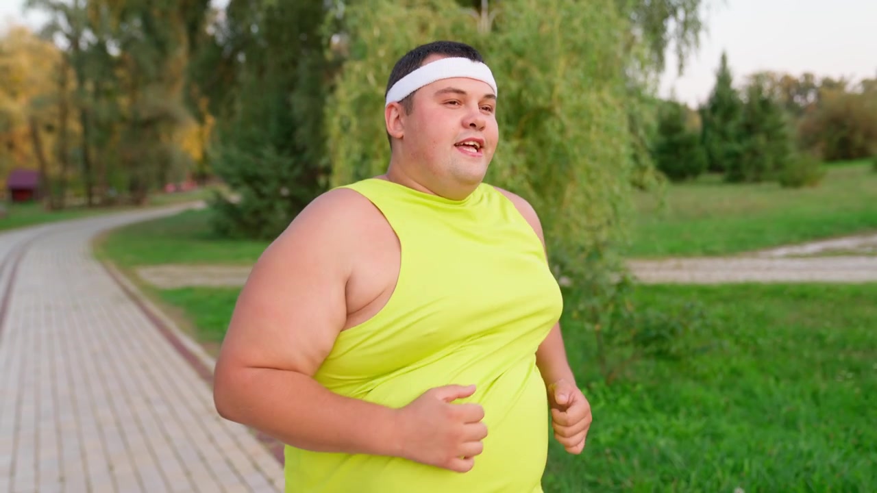 Uomo in sovrappeso che corre con determinazione in un parco verde