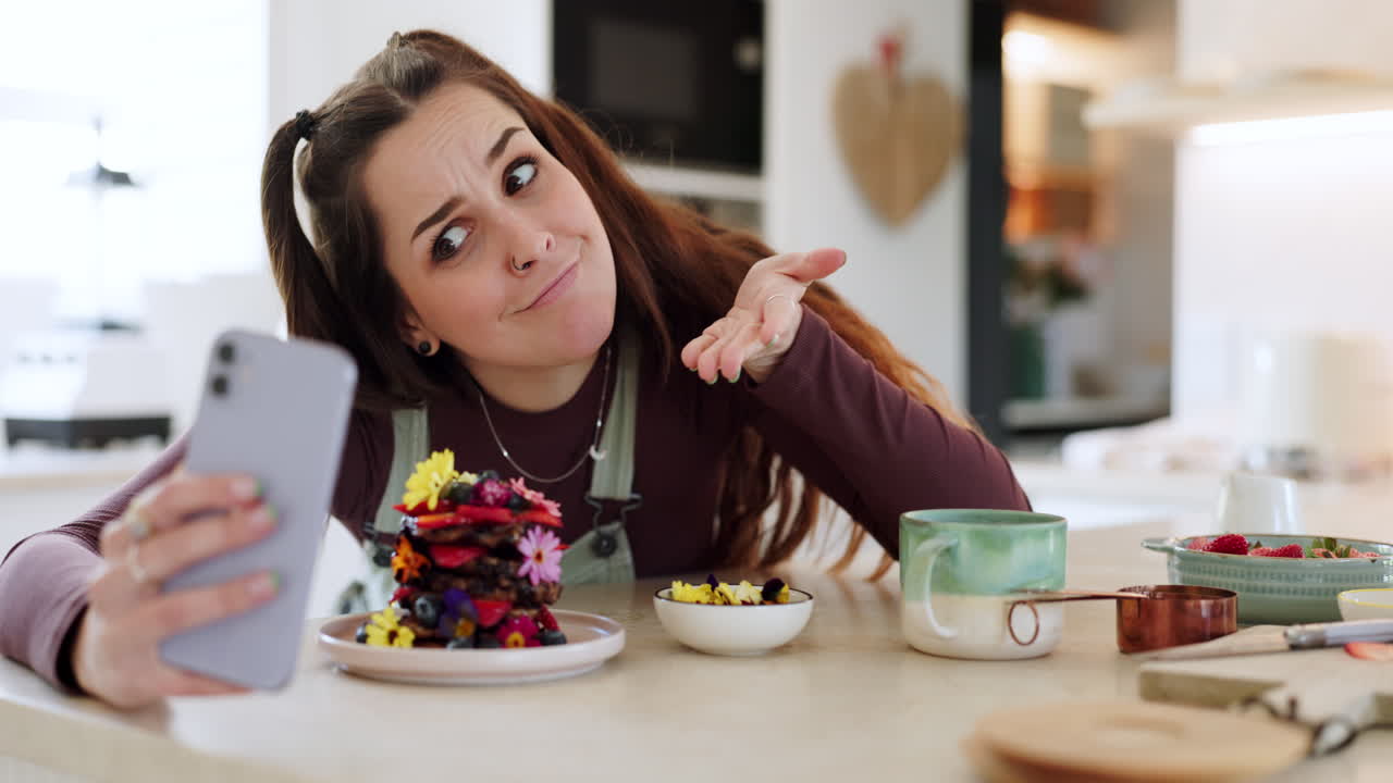 postre casero, mujer feliz y selfie de cocina